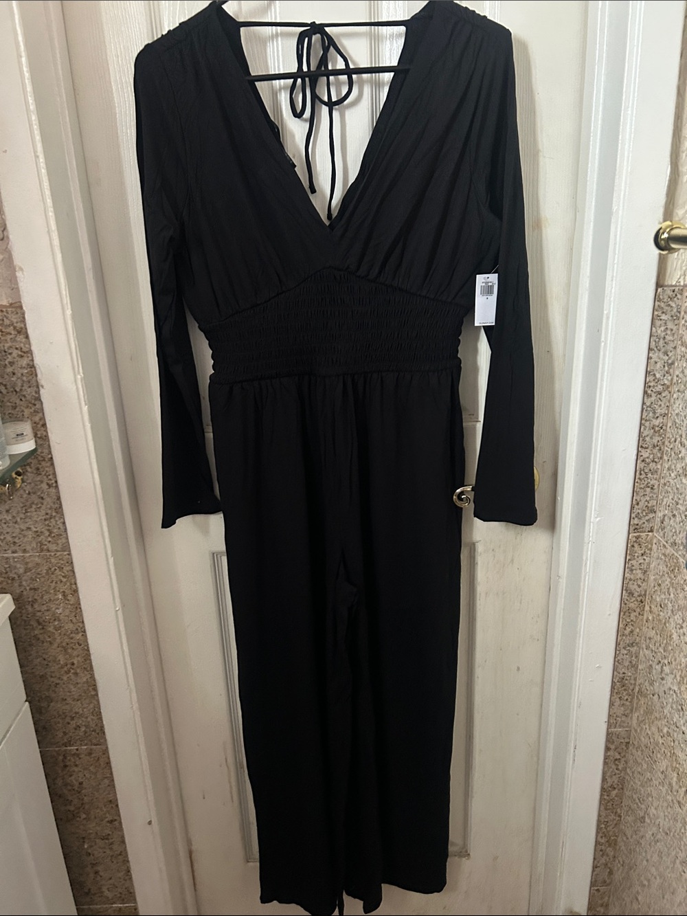 Old Navy Black Long-Sleeve Smocked-Waist One-Piece Bodysuit